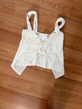 Garage White Ribbed Lace-Edge Cami